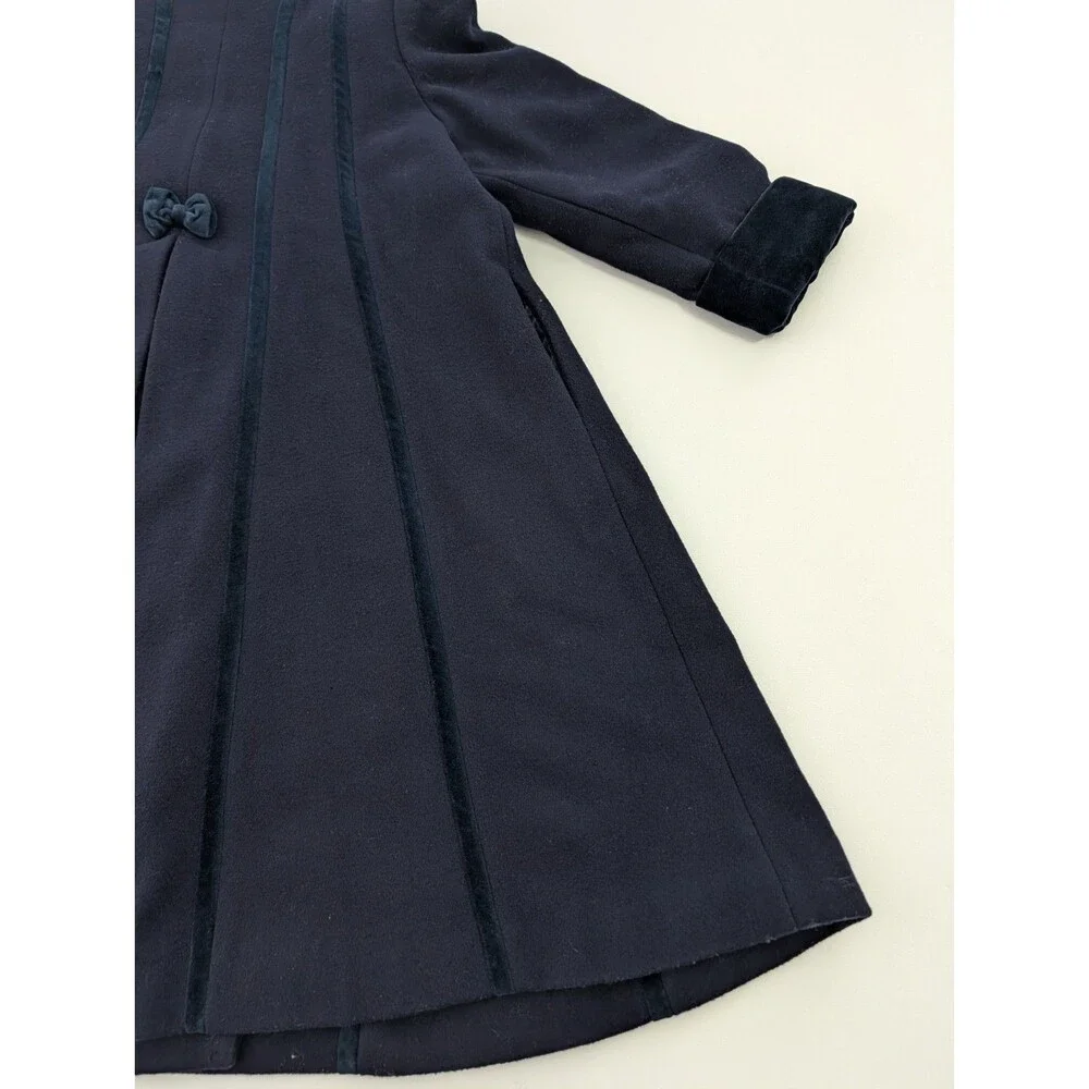 Vintage Rothschild Pea Coat Girls 10 Navy Blue Wool Dress Velvet Collar Overcoat